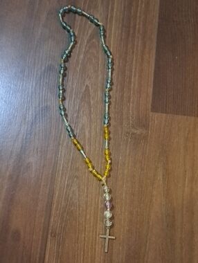 Yellow and Green Beaded Cross Necklace - Women's Fashion Jewelry